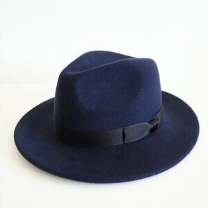 Hickey Freeman Navy Blue Wide Brim Wool Felt Fedora Hat w Hatband Large / XL